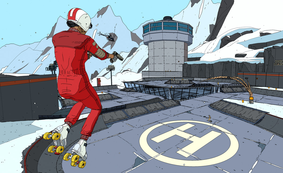 一个穿着溜冰鞋和红色工作服的人在空中高高飞翔，瞄准枪支，全都采用卡通渲染的艺术风格。