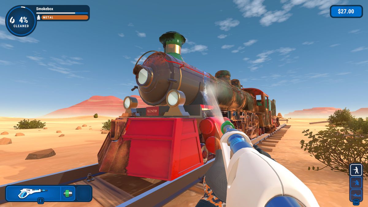 PowerWash 模拟器——玩家使用高压清洗机清洗沙漠中的巨型火车头。